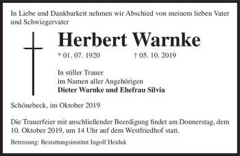 Traueranzeige von Herbert Warnke  von Magdeburger Volksstimme