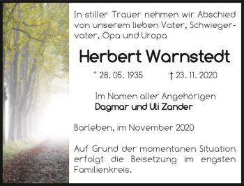 Traueranzeige von Herbert Warnstedt  von Magdeburger Volksstimme