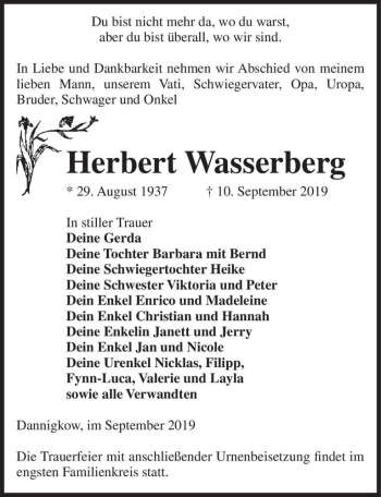 Traueranzeige von Herbert Wasserberg  von Magdeburger Volksstimme