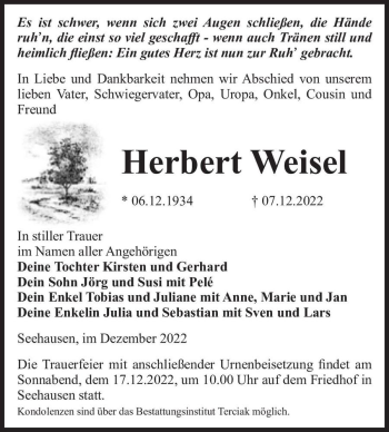 Traueranzeige von Herbert Weisel  von Magdeburger Volksstimme