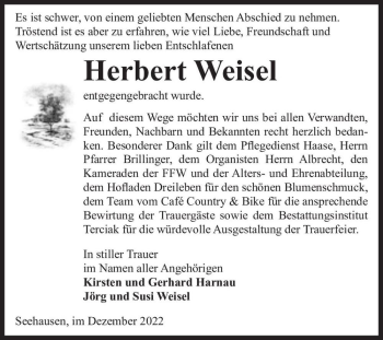 Traueranzeige von Herbert Weisel  von Magdeburger Volksstimme