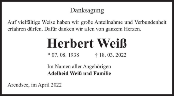 Traueranzeige von Herbert Weiß  von Magdeburger Volksstimme