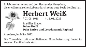 Traueranzeige von Herbert Weiß  von Magdeburger Volksstimme