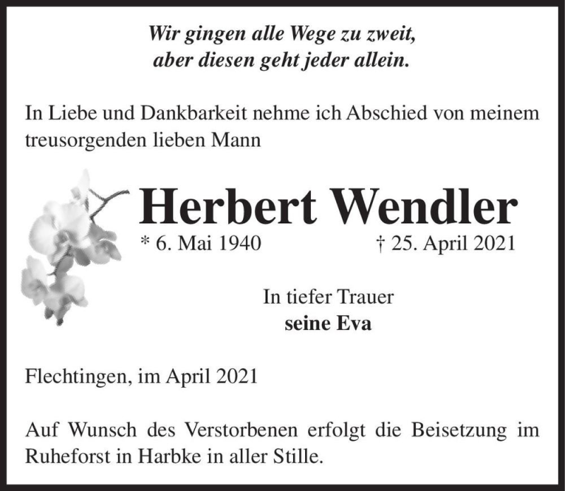  Traueranzeige für Herbert Wendler  vom 29.04.2021 aus Magdeburger Volksstimme