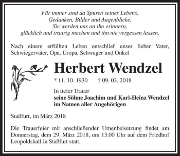 Traueranzeige von Herbert Wendzel  von Magdeburger Volksstimme
