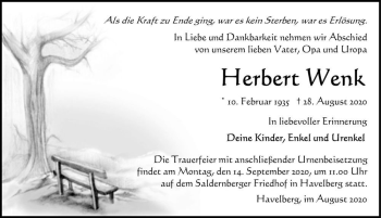 Traueranzeige von Herbert Wenk  von Magdeburger Volksstimme