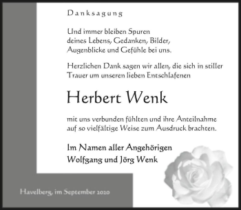 Traueranzeige von Herbert Wenk  von Magdeburger Volksstimme