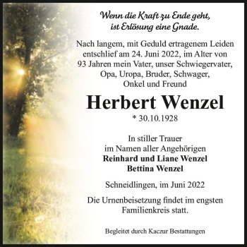 Traueranzeige von Herbert Wenzel  von Magdeburger Volksstimme
