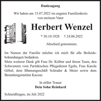Traueranzeige von Herbert Wenzel  von Magdeburger Volksstimme