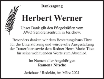 Traueranzeige von Herbert Werner  von Magdeburger Volksstimme