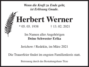 Traueranzeige von Herbert Werner  von Magdeburger Volksstimme