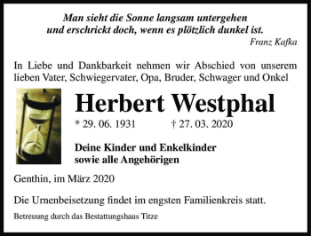 Traueranzeige von Herbert Westphal  von Magdeburger Volksstimme
