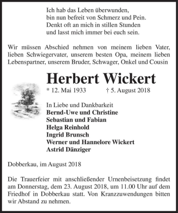 Traueranzeige von Herbert Wickert  von Magdeburger Volksstimme