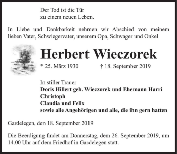 Traueranzeige von Herbert Wieczorek  von Magdeburger Volksstimme