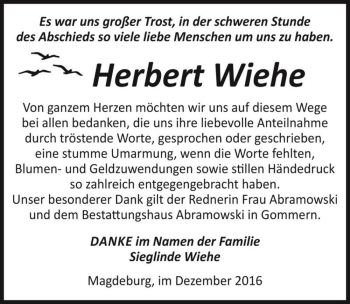 Traueranzeige von Herbert Wiehe  von Magdeburger Volksstimme