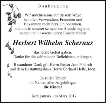 Traueranzeige von Herbert Wilhelm Schernus  von Magdeburger Volksstimme