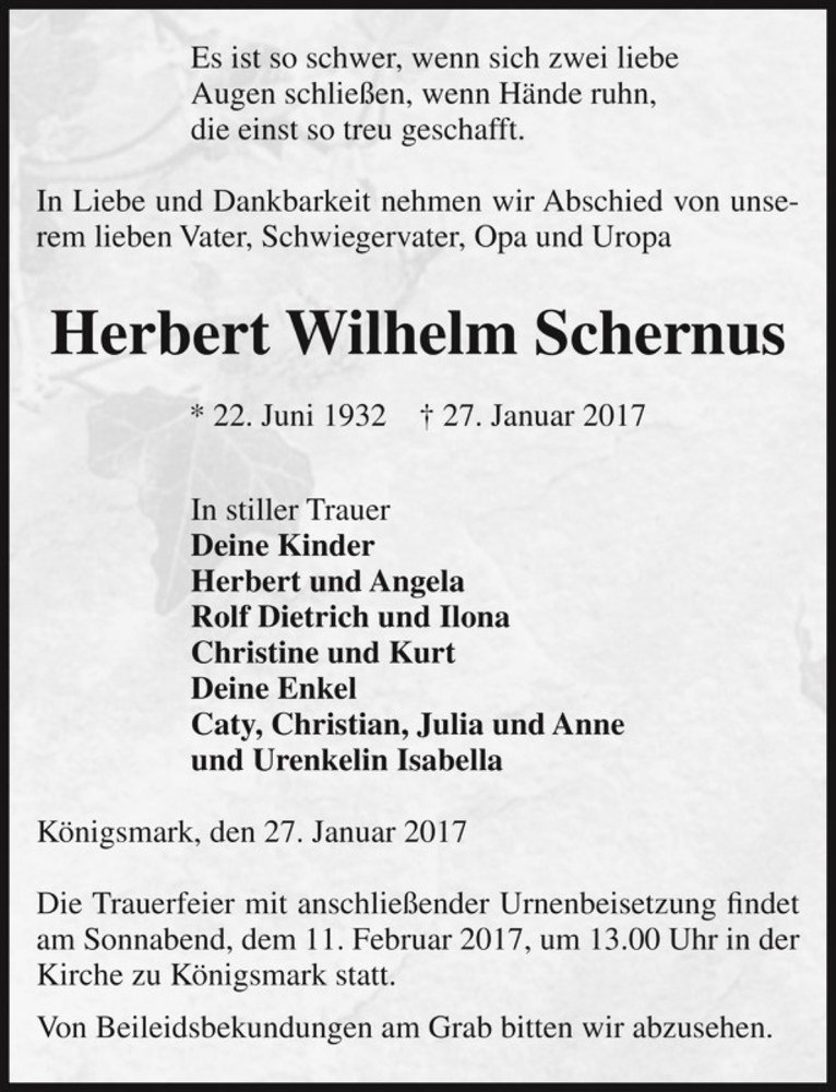  Traueranzeige für Herbert Wilhelm Schernus  vom 01.02.2017 aus Magdeburger Volksstimme