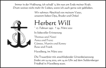 Traueranzeige von Herbert Will  von Magdeburger Volksstimme