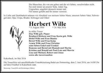 Traueranzeige von Herbert Wille  von Magdeburger Volksstimme