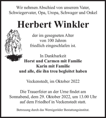 Traueranzeige von Herbert Winkler  von Magdeburger Volksstimme