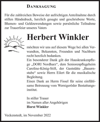 Traueranzeige von Herbert Winkler  von Magdeburger Volksstimme