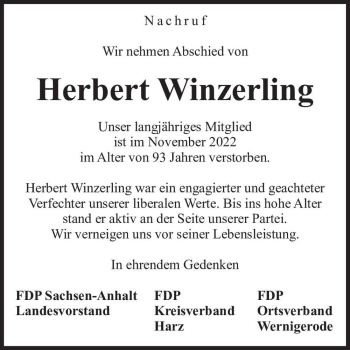 Traueranzeige von Herbert Winzerling  von Magdeburger Volksstimme