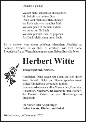 Traueranzeige von Herbert Witte  von Magdeburger Volksstimme