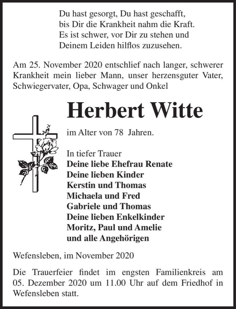  Traueranzeige für Herbert Witte  vom 28.11.2020 aus Magdeburger Volksstimme