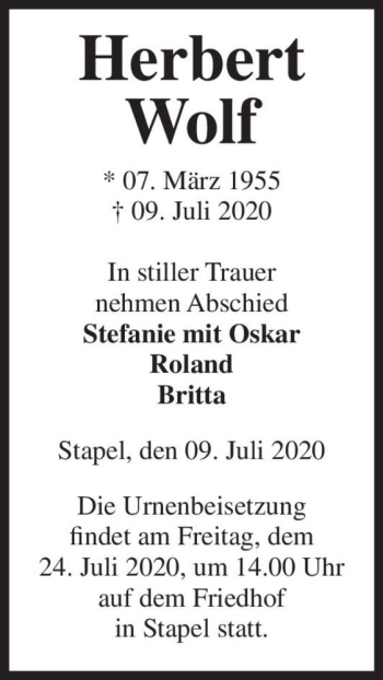 Traueranzeige von Herbert Wolf  von Magdeburger Volksstimme