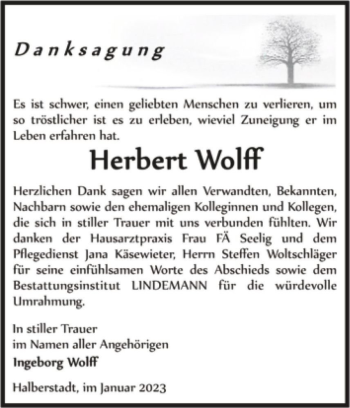 Traueranzeige von Herbert Wolff  von Magdeburger Volksstimme