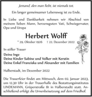 Traueranzeige von Herbert Wolff  von Magdeburger Volksstimme