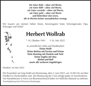 Traueranzeige von Herbert Wollrab  von Magdeburger Volksstimme