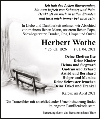 Traueranzeige von Herbert Wothe  von Magdeburger Volksstimme
