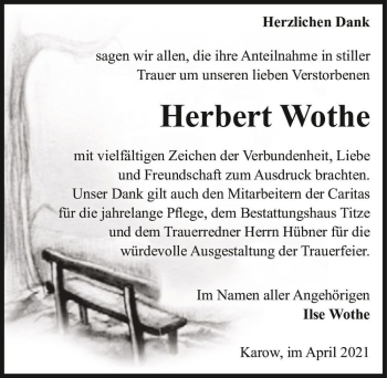 Traueranzeige von Herbert Wothe  von Magdeburger Volksstimme