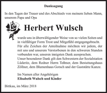 Traueranzeige von Herbert Wulsch  von Magdeburger Volksstimme