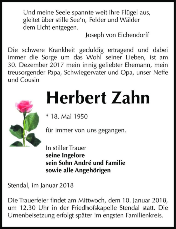 Traueranzeige von Herbert Zahn  von Magdeburger Volksstimme