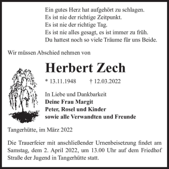 Traueranzeige von Herbert Zech  von Magdeburger Volksstimme