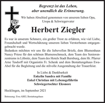 Traueranzeige von Herbert Ziegler  von Magdeburger Volksstimme