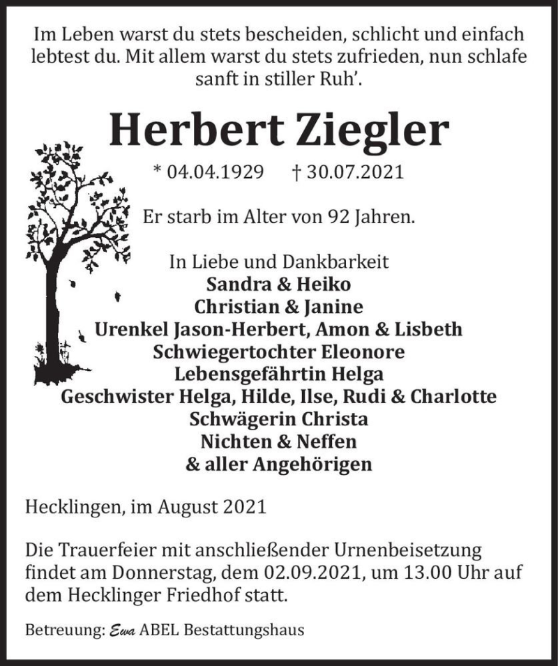  Traueranzeige für Herbert Ziegler  vom 28.08.2021 aus Magdeburger Volksstimme
