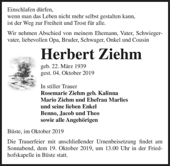 Traueranzeige von Herbert Ziehm  von Magdeburger Volksstimme