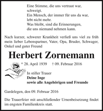 Traueranzeige von Herbert Zornemann  von Magdeburger Volksstimme