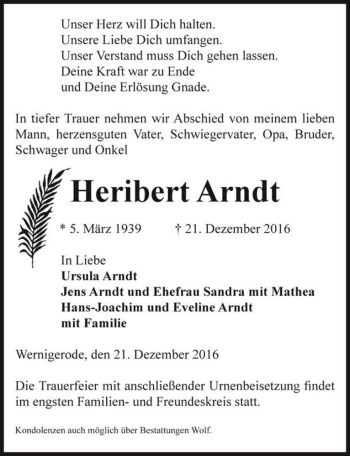 Traueranzeige von Heribert Arndt  von Magdeburger Volksstimme