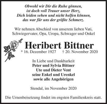 Traueranzeige von Heribert Bittner  von Magdeburger Volksstimme