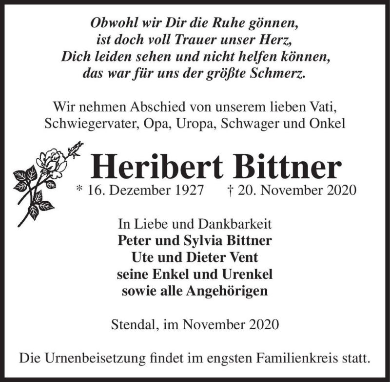  Traueranzeige für Heribert Bittner  vom 25.11.2020 aus Magdeburger Volksstimme