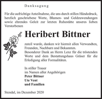 Traueranzeige von Heribert Bittner  von Magdeburger Volksstimme
