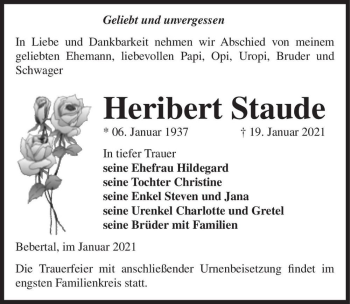 Traueranzeige von Heribert Staude  von Magdeburger Volksstimme