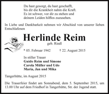 Traueranzeige von Herlinde Reim (geb. Riedl)  von Magdeburger Volksstimme