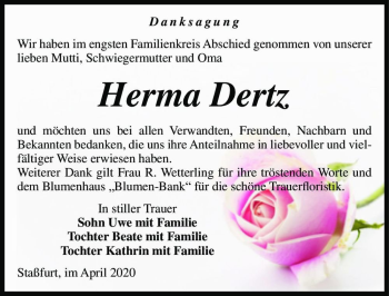 Traueranzeige von Herma Dertz  von Magdeburger Volksstimme