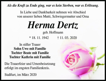 Traueranzeige von Herma Dertz (geb. Hoffmann)  von Magdeburger Volksstimme
