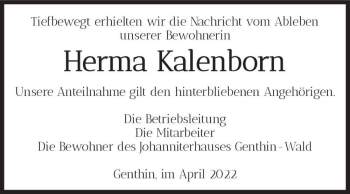 Traueranzeige von Herma Kalenborn  von Magdeburger Volksstimme